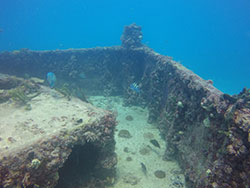 Steel ship sunken underwater.