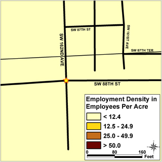 West Kendall employment density in employees per acre.
