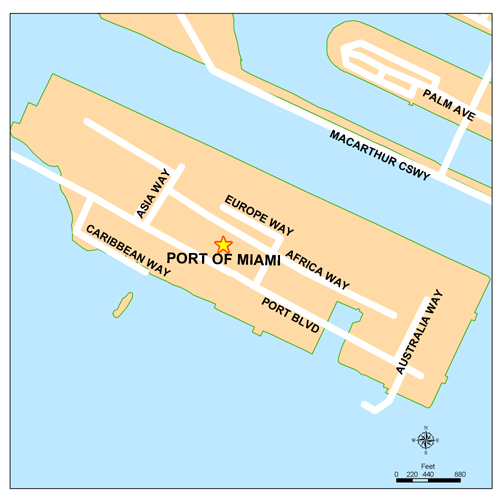 The Port of Miami facilities are located on an island with a single access roadway from the Downtown Miami area. The site is served by the Seaport Connection Bus Route. The planned East-West Corridor rapid transit will provide a connection from the Miami Intermodal Center (at Miami International Airport) to the cruise terminals at the Port of Miami.