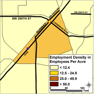 SW 200th Street/Busway employment density in employees per acre.