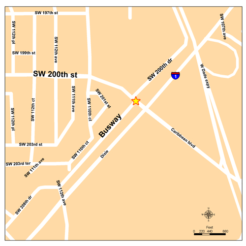 The 200th Street/Busway Transit hub is located at the northwest corner of SW 200th Street (Caribbean Boulevard) and the Busway. The area serves a transfer point for Bus Routes1, 35, 52, 70, Busway Local, Busway Max, and the West Dade Connection. The area is served by the South Dade Busway, which parallels U.S.1 along the former FEC Railroad. A short extension of the busway south to SW 211th Street is currently under construction.