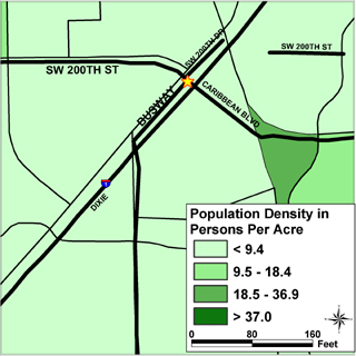 SW 200th Street/Busway population density in persons per acre.