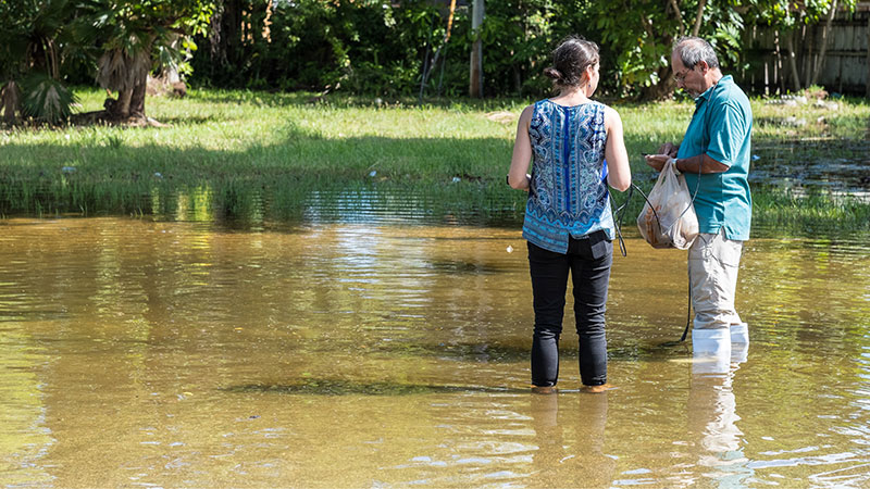 Volunteers standing in flood water