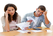 Man and woman with bills Man and woman with bills