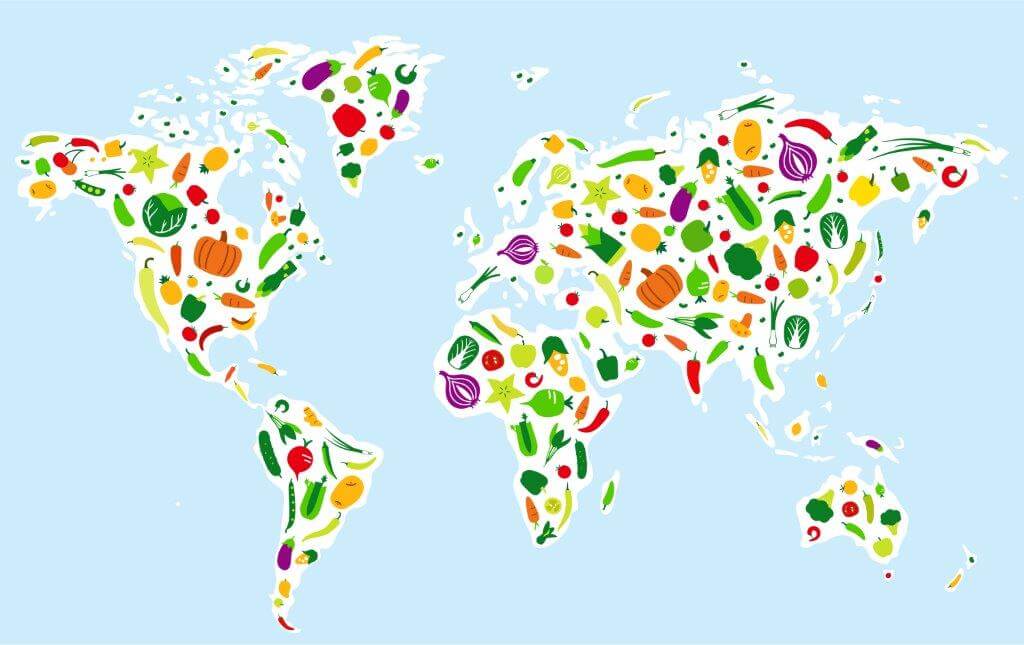World map depicting fruits and vegetables