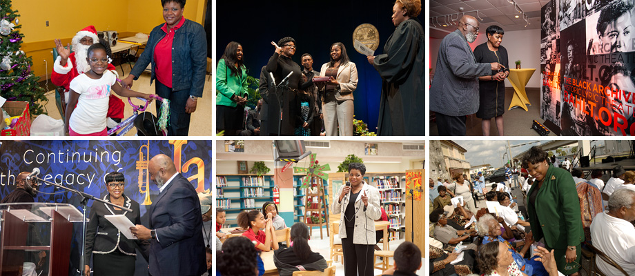 Collage of images showing Chairwoman Audrey Edmonson engaging with the community