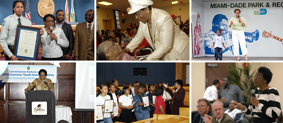 Collage of images showing Commissioner Barbara Jordan engaging with the community