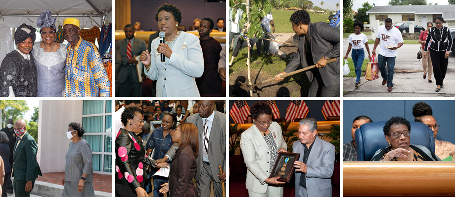 Collage of images showing Commissioner Barbara Jordan engaging with the community