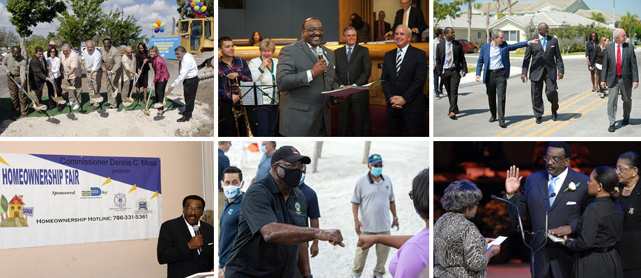 Collage of images showing Commissioner Dennis Moss engaging with the community