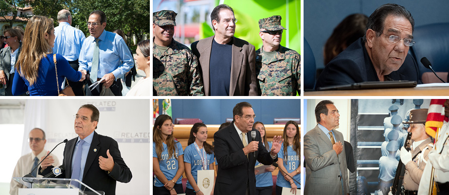 Collage of images showing Commissioner Xavier Suarez engaging with the community
