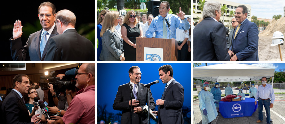 Collage of images showing Commissioner Xavier Suarez engaging with the community