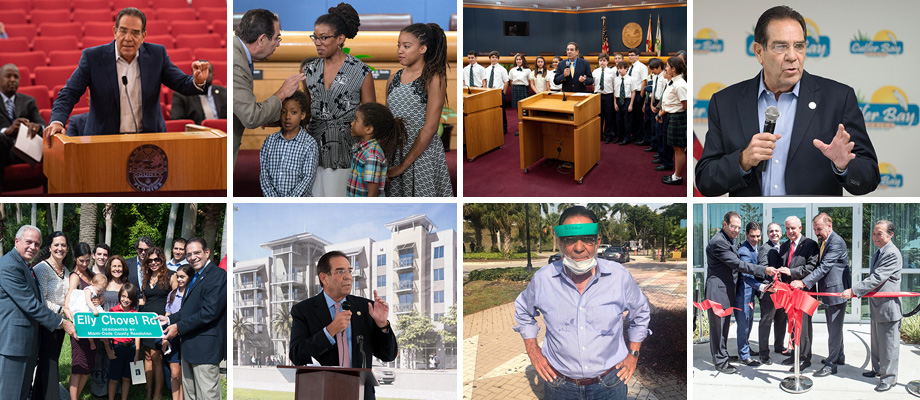 Collage of images showing Commissioner Xavier Suarez engaging with the community