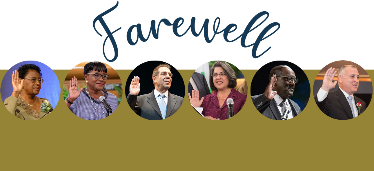 The six County Commisioners who are leaving and the word FAREWELL