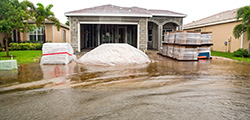 A flooded street in a residential neighborhood