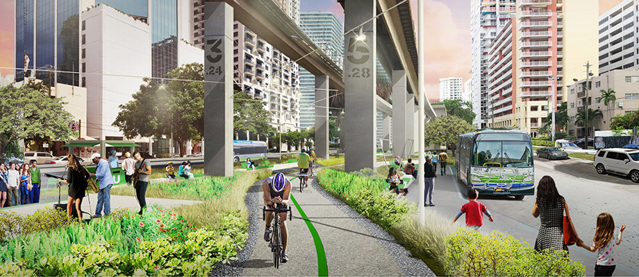Artist's rendering of the Underline linear park and trail beneath the Metrorail guideway
