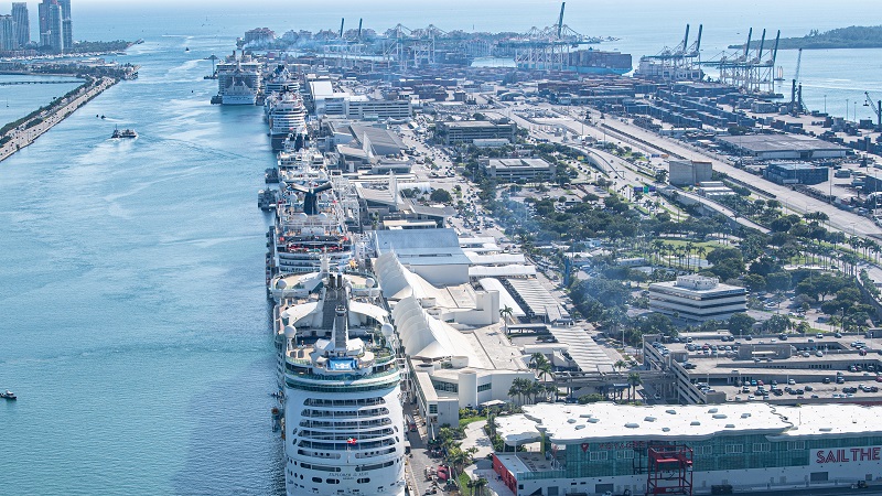 Cruise ships docked at PortMiami.