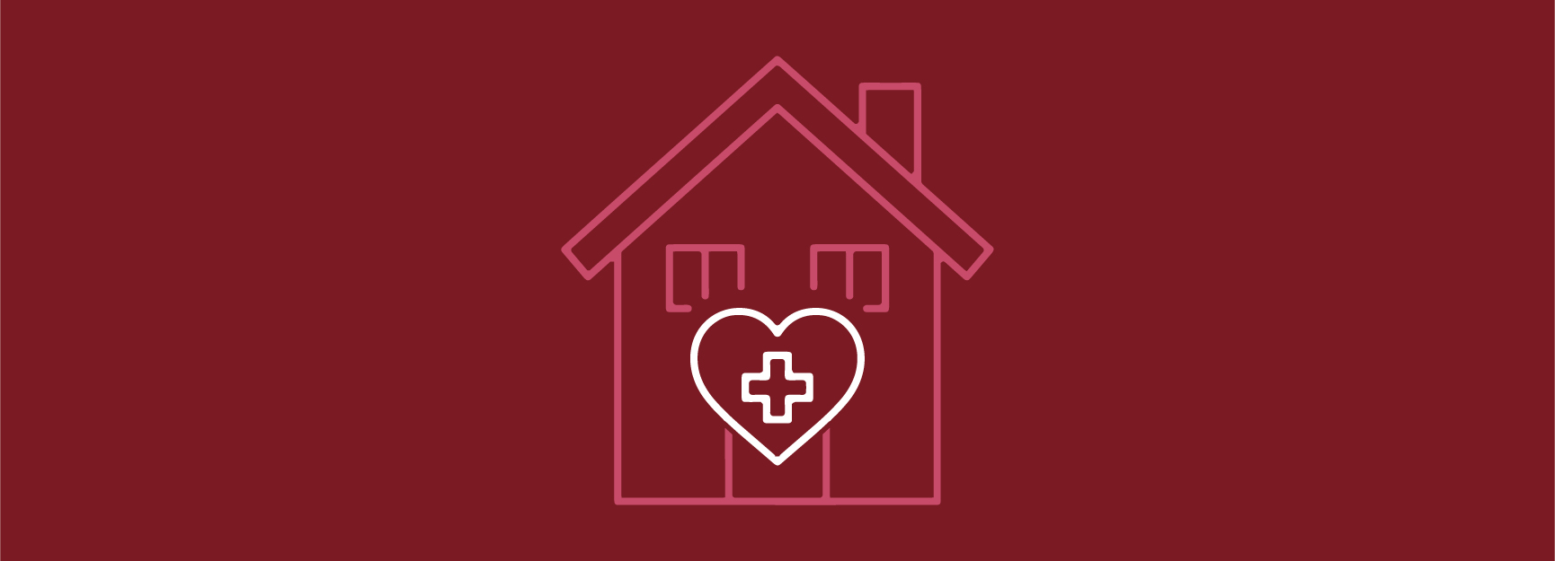 red field with graphic of house, heart and cross