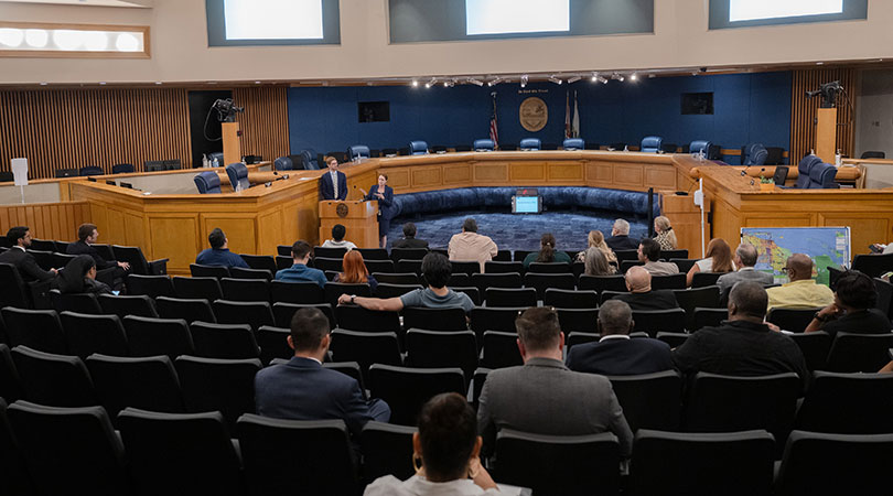 A photo of the Stephen P. Clark Center Commission Chambers.