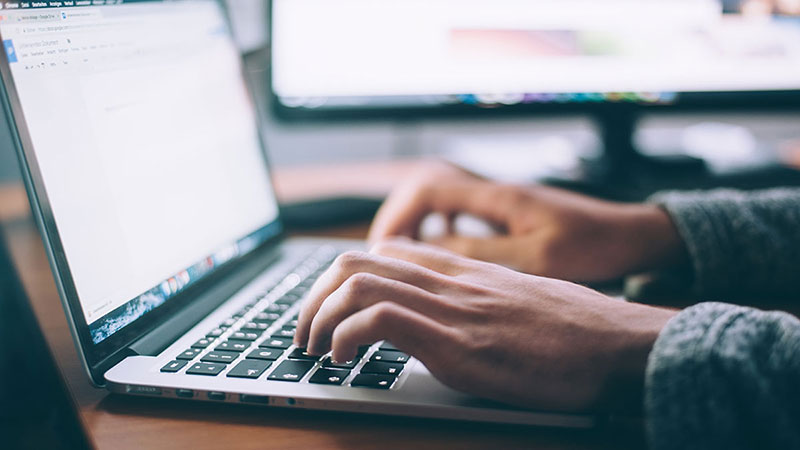 Image of a person doing research on a laptop.