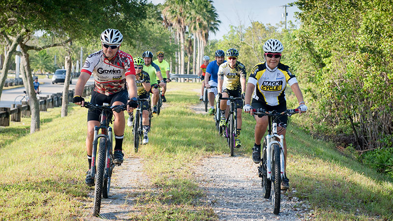 People riding bicycles on trails.