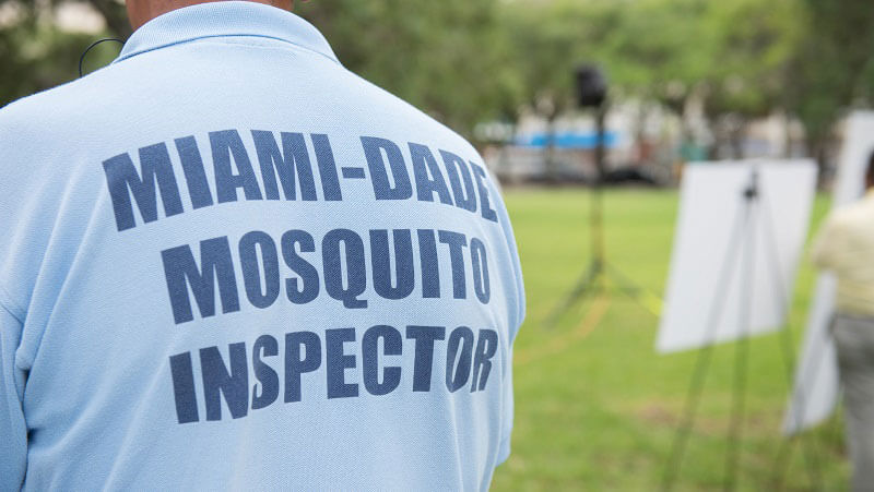 Image of the back of a man with a blue t-shirt with the words "Miami-Dade Mosquito Inspector" on the shirt