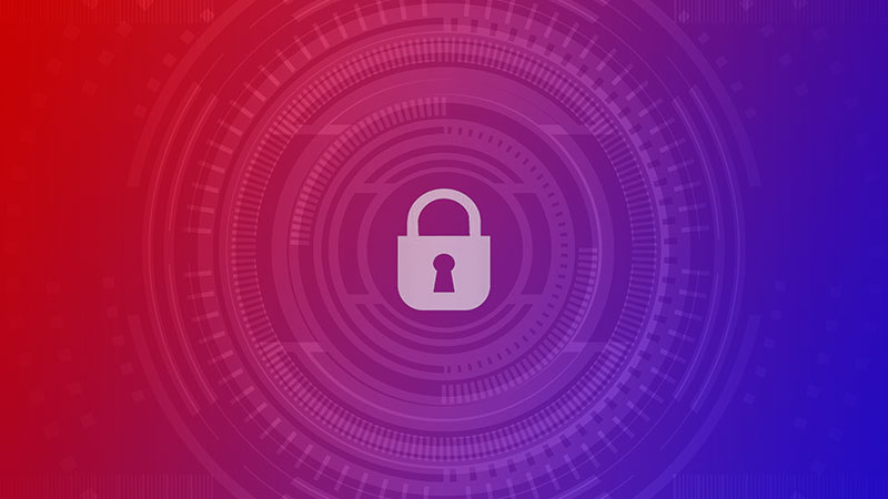 Abstract image of a padlock surrounded by stylized rings with a red to blue gradient.