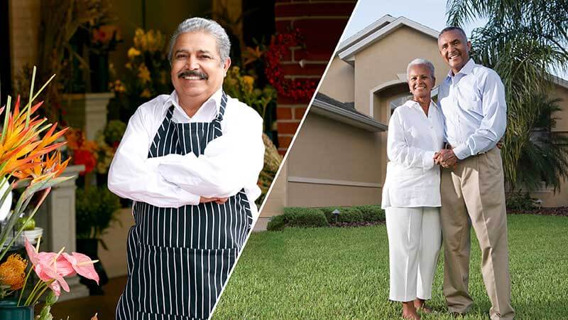 small business owner in front of flower shop and middle-aged couple outside in front of their home