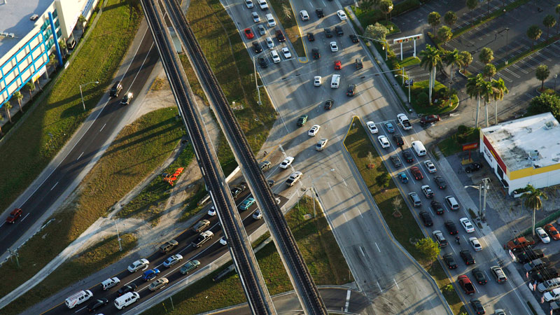 Aerial photo of a busy highway intersection