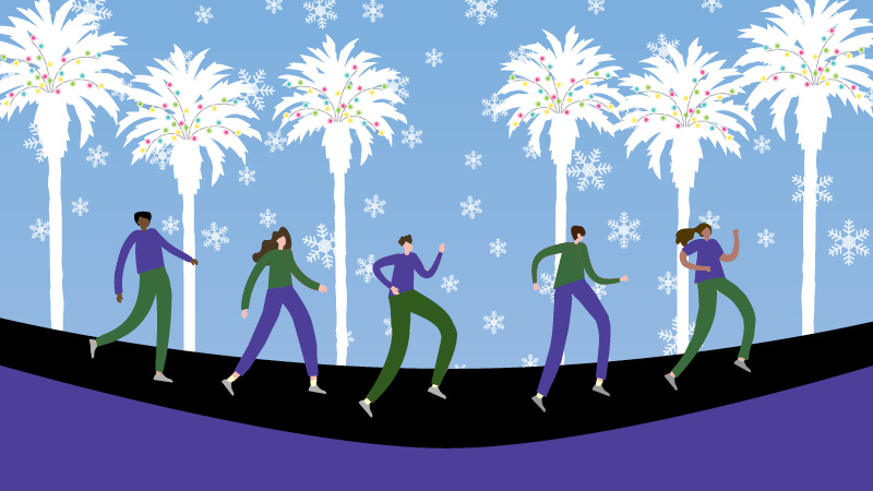 graphics of people walking around with palm tree lit up with Christmas lights