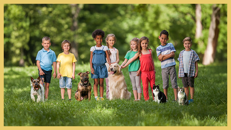 Children with their dogs and cats