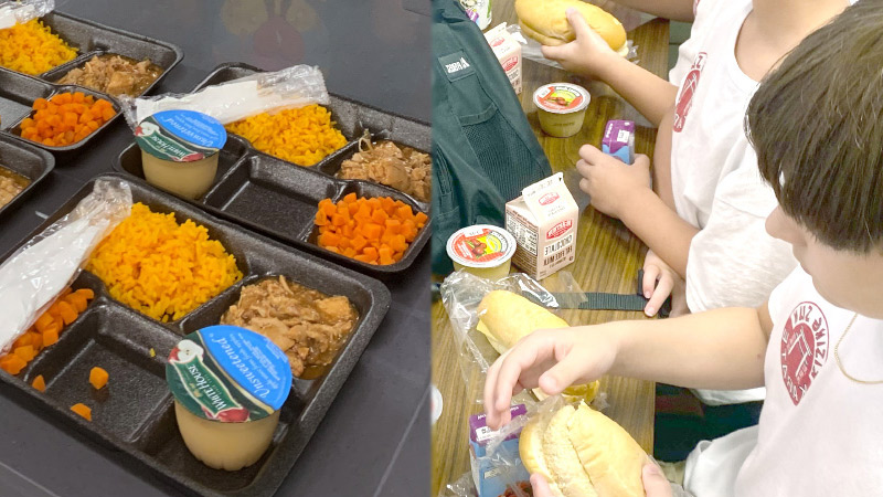 Collage of photos. School lunches on trays on left and on right are two kids with sandwiches