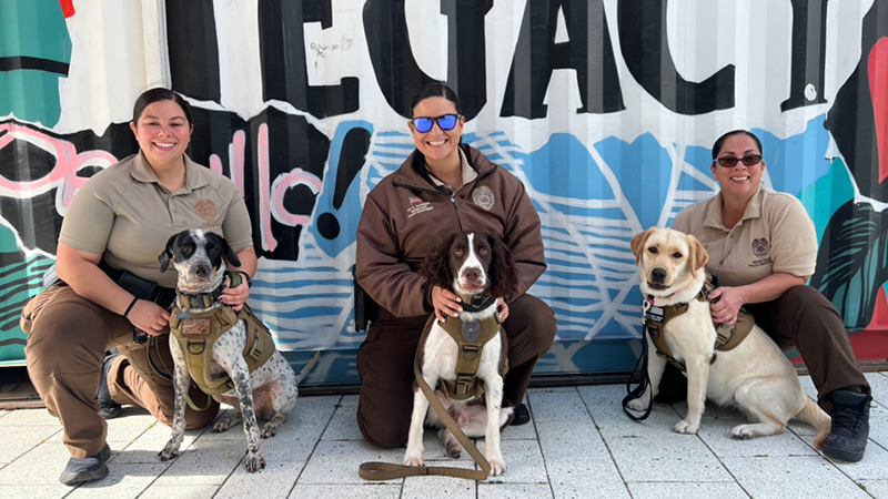 Officers Comas, Munoz, Rodriguez with therapy dogs Sparky, Dottie, Amanda