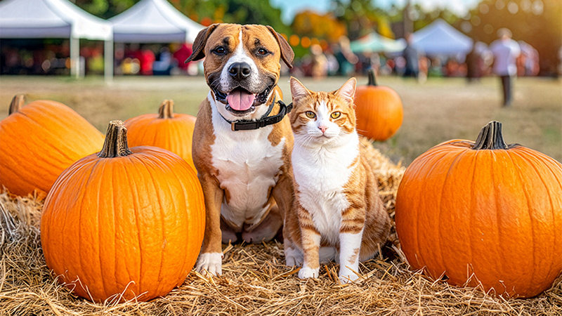 Cat and Dog standing around pumpkins at a festival