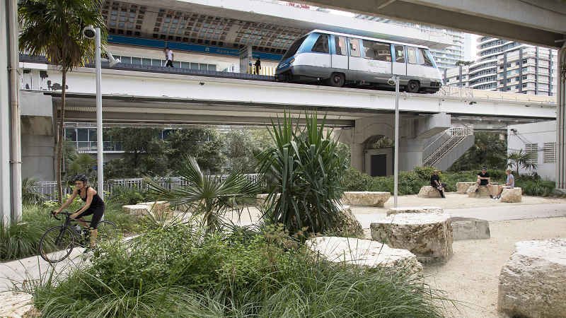 Image of the Brickell Backyard by the Metromover station.
