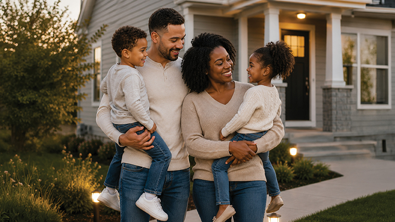Family of four smiling in front of home