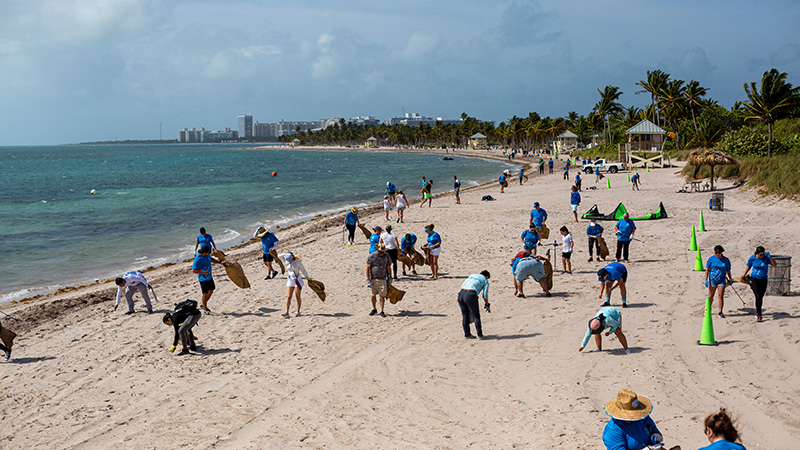 People on a beach cleaning up
