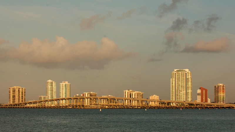 sunset over the Rickenbacker Causeway