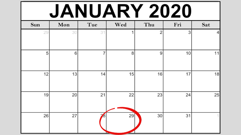 January 2020 calendar with the 29th circled