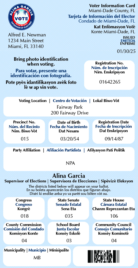 Front of Voter Information Card