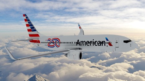 american airlines plane with an american 250 livery